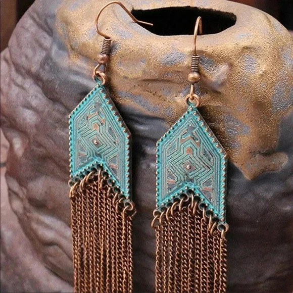Turquoise Boho Tassel Earrings | Long Fringe Statement Jewelry - Picture 2 of 4